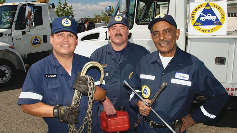 Freeway Service Patrol team members ready to assist with a flat tire, a gallon of gas or other help on the freeway.