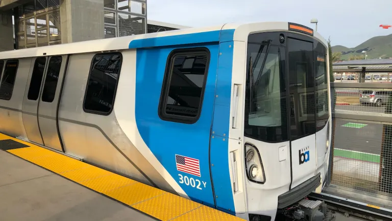 New BART car stopped at station 
