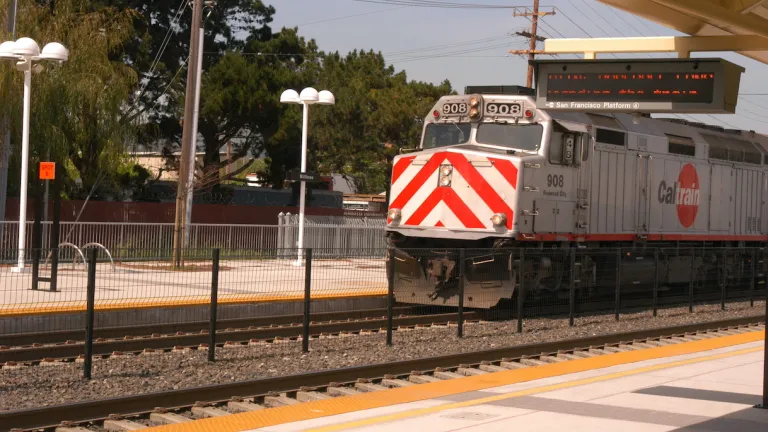  Caltrain train and railroad tracks.