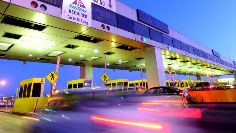 A toll plaza at dusk