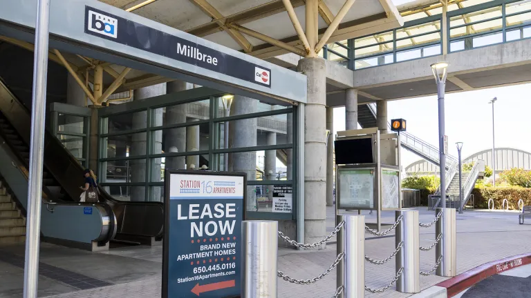 A sign for homes for lease right near the Millbrae BART/Caltrain station.