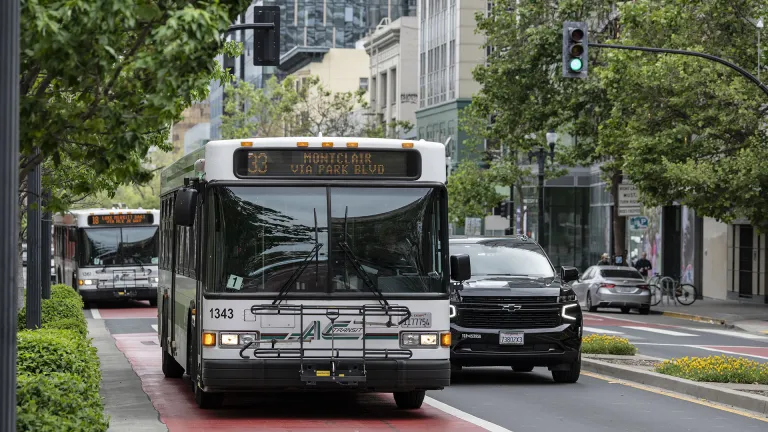 An AC Transit bus in a bus-priority lane in Oakland.