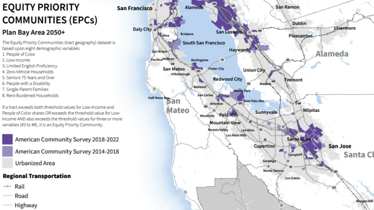 Cropped image of the Plan Bay Area 2050+ Equity Priority Communities Update Map