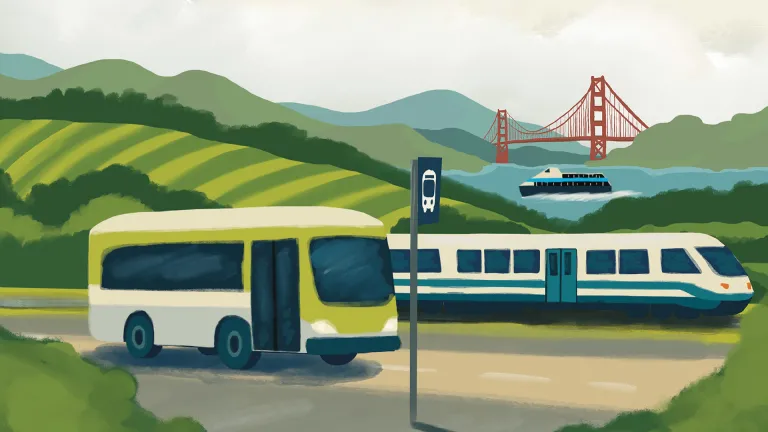 Illustration with a bus, train, ferry and the Golden Gate Bridge.