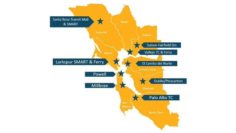 A map indicating the nine locations for mapping and wayfinding test sites.