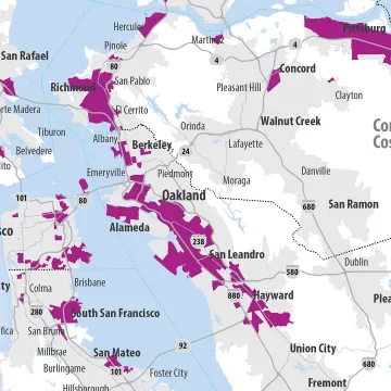Map of Equity Priority Communities in the Bay Area.