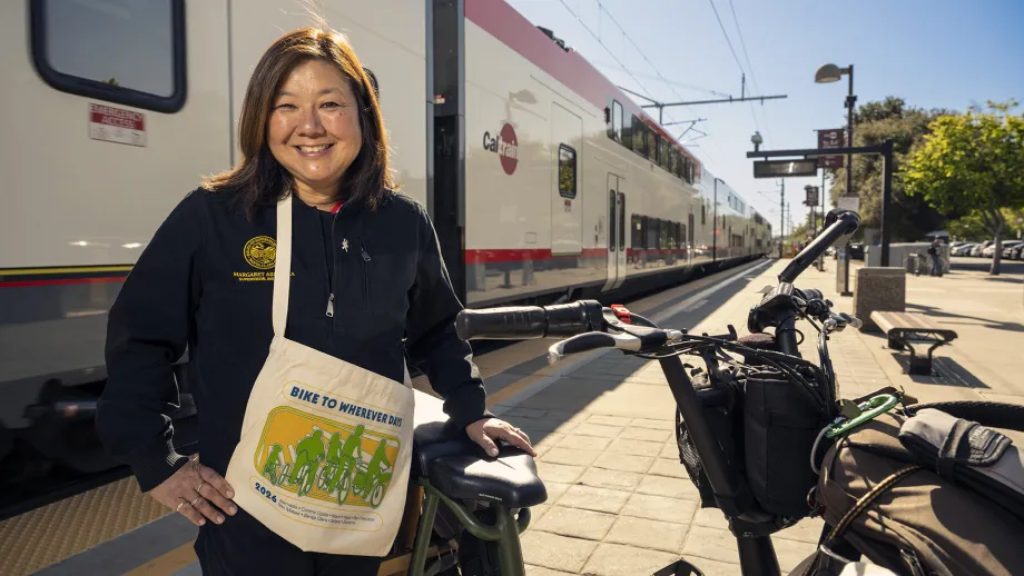 MTC Commissioner Margaret Abe-Koga at Mountain View Caltrain Station on Bike to Wherever Days 2026.