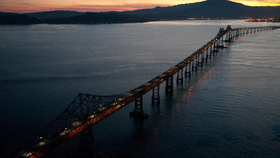 Aerial of the Richmond-San Rafael Bridge at sunset.