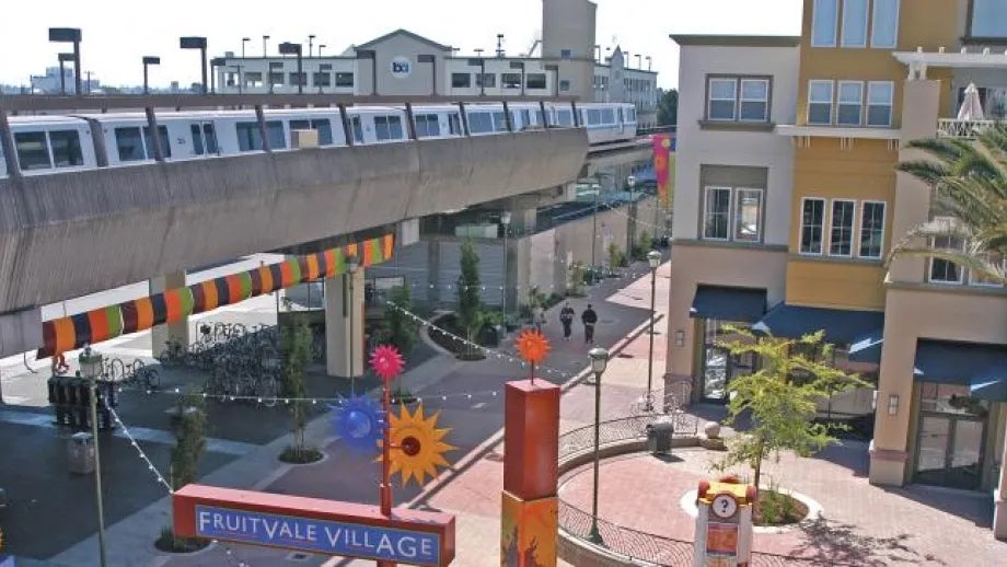 A BART train running above Fruitvale Village in Oakland.