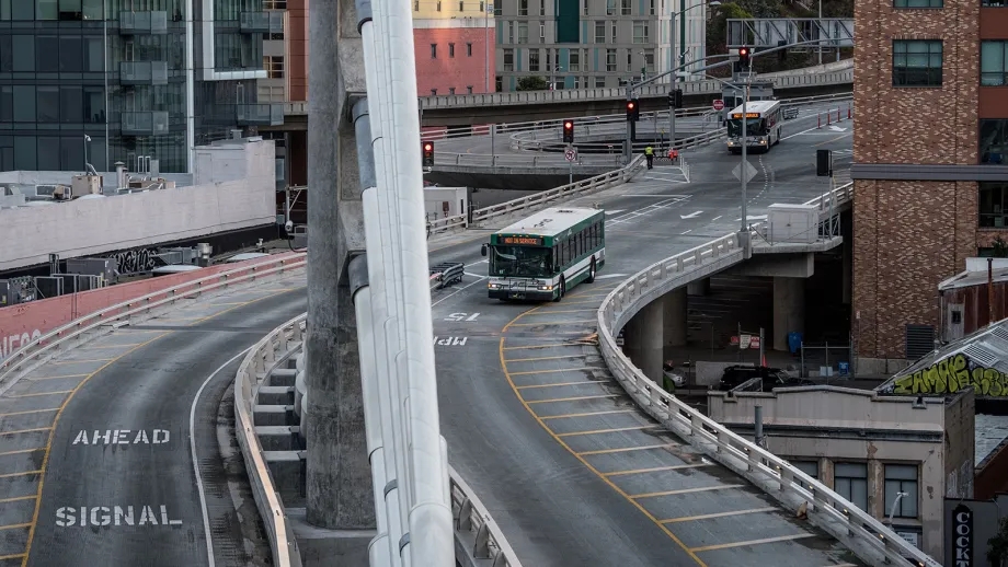Bus exiting Bay Bridge and heading towards Transbay Transit Center.
