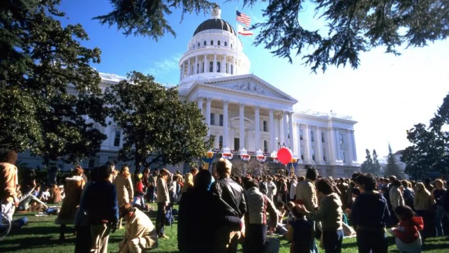 crowd gathered outside the capital building