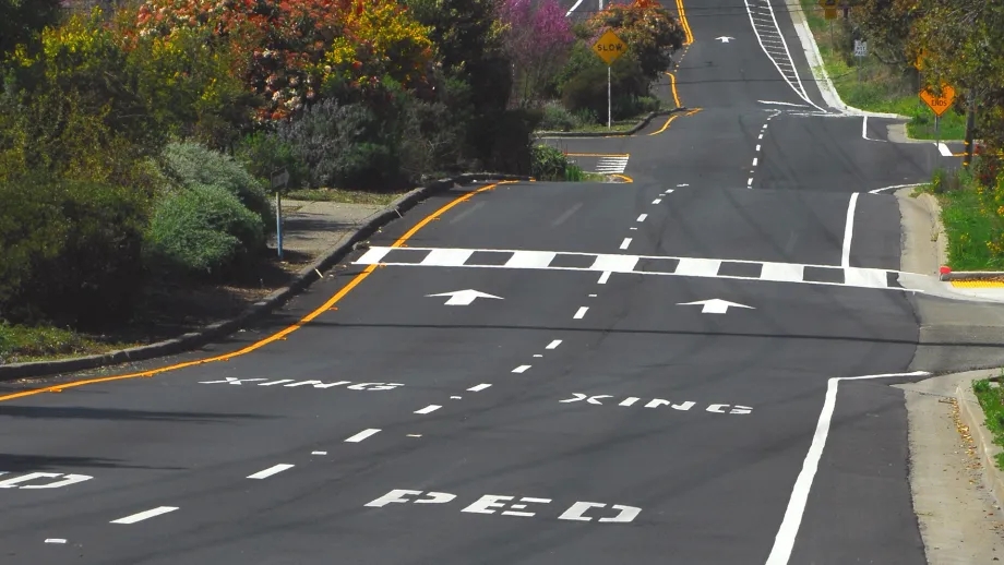 Freshly-paved two-lane street in El Cerrito.