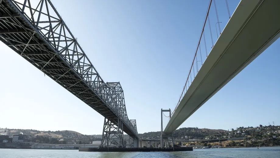 Underside of the Carquinez Bridge, as seen from the water below.