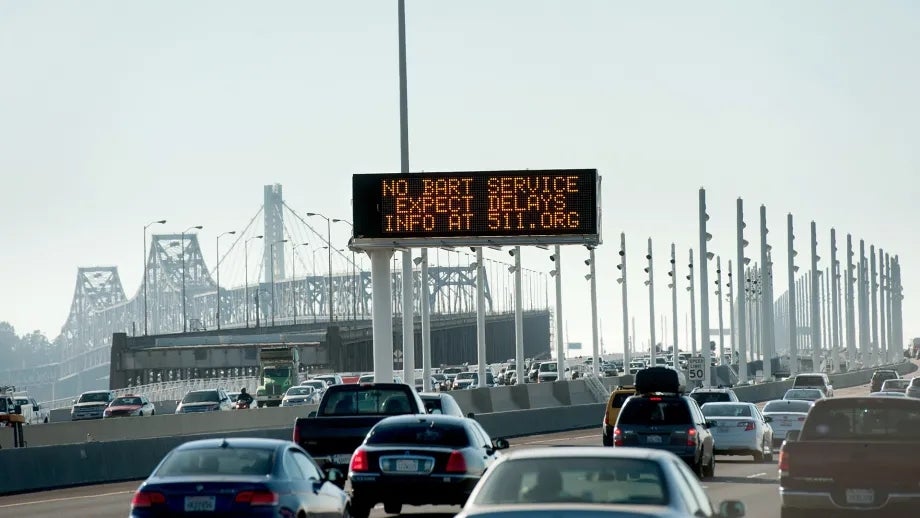 Temporary sign on the San Francisco-Oakland Bay Bridge that reads, "No BART Service. Expect delays. Info at 511.org." 511 offers real-time information in the event of a travel emergency.