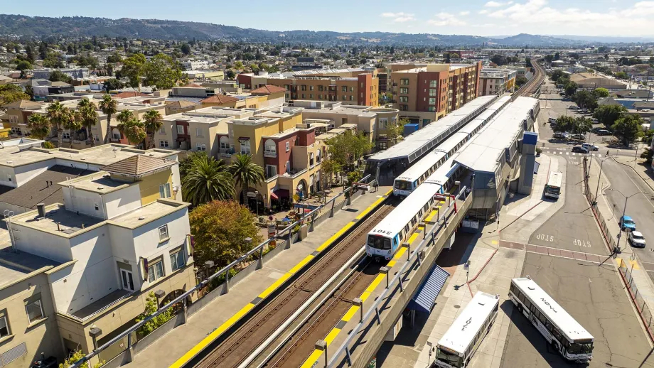Aerial over Fruitvale BART station and AC Transit buses.