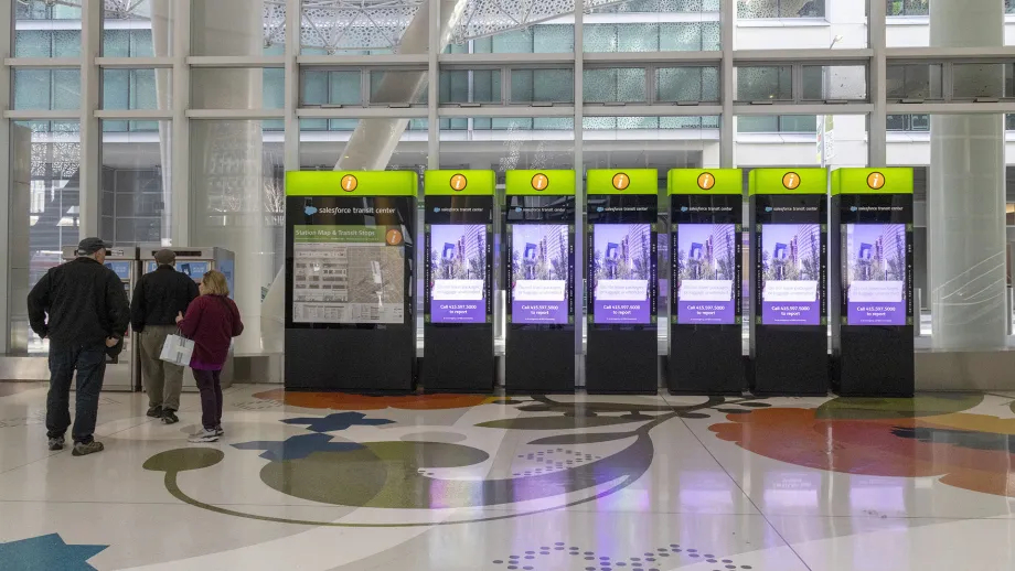 Traveler information signs at the Salesforce Transit Center in San Francisco.