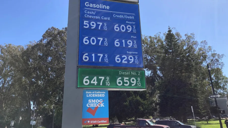 Sign with prices at a gas station in San Francisco.