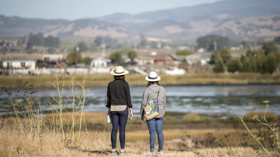 Two nature lovers looking out at marshland.