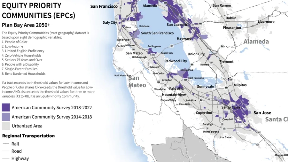 Cropped image of the Plan Bay Area 2050+ Equity Priority Communities Update Map