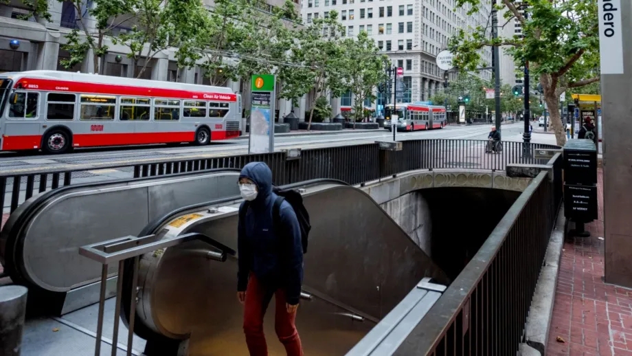 Embarcadero BART Station with a MUNI bus on Market Street in San Francisco