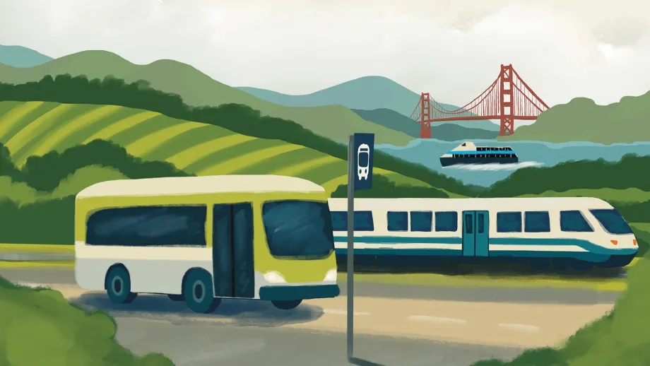 Illustration with a bus, train, ferry and the Golden Gate Bridge.