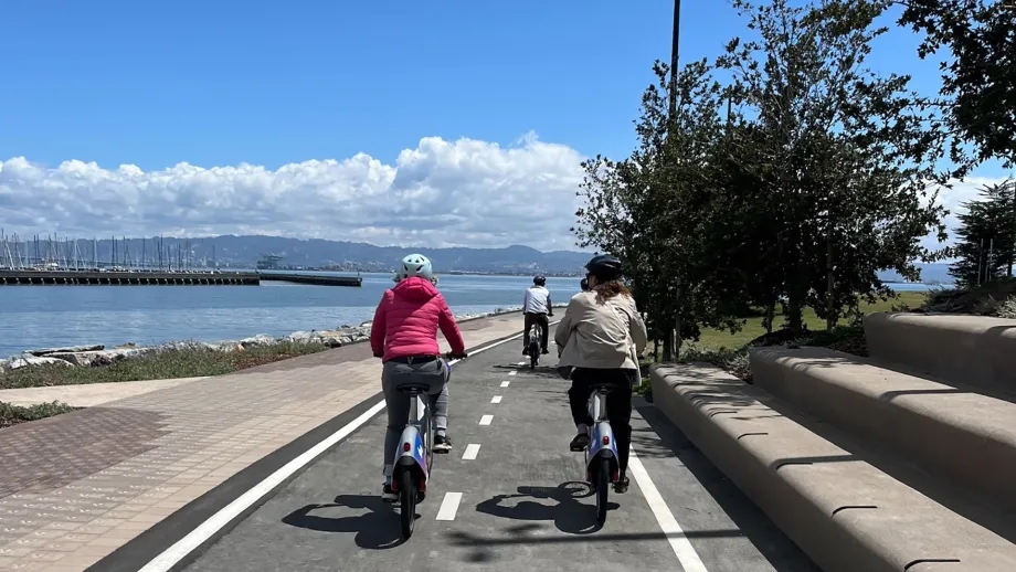 Cyclists on a newly paved path along the Bay Trail in San Francisco.