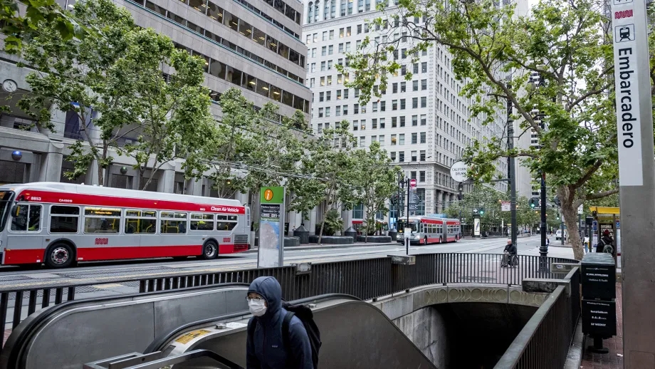 Embarcadero BART Station with a MUNI bus on Market Street in San Francisco